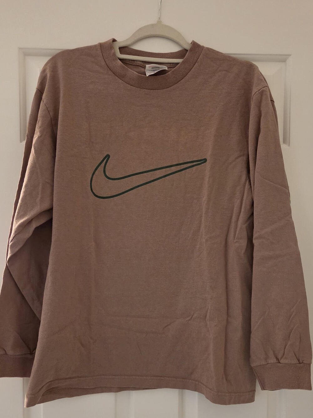 Vtg 90s Nike Big Logo Swoosh Long Sleeve Shirt Made In USA Mocha Brown (Medium)